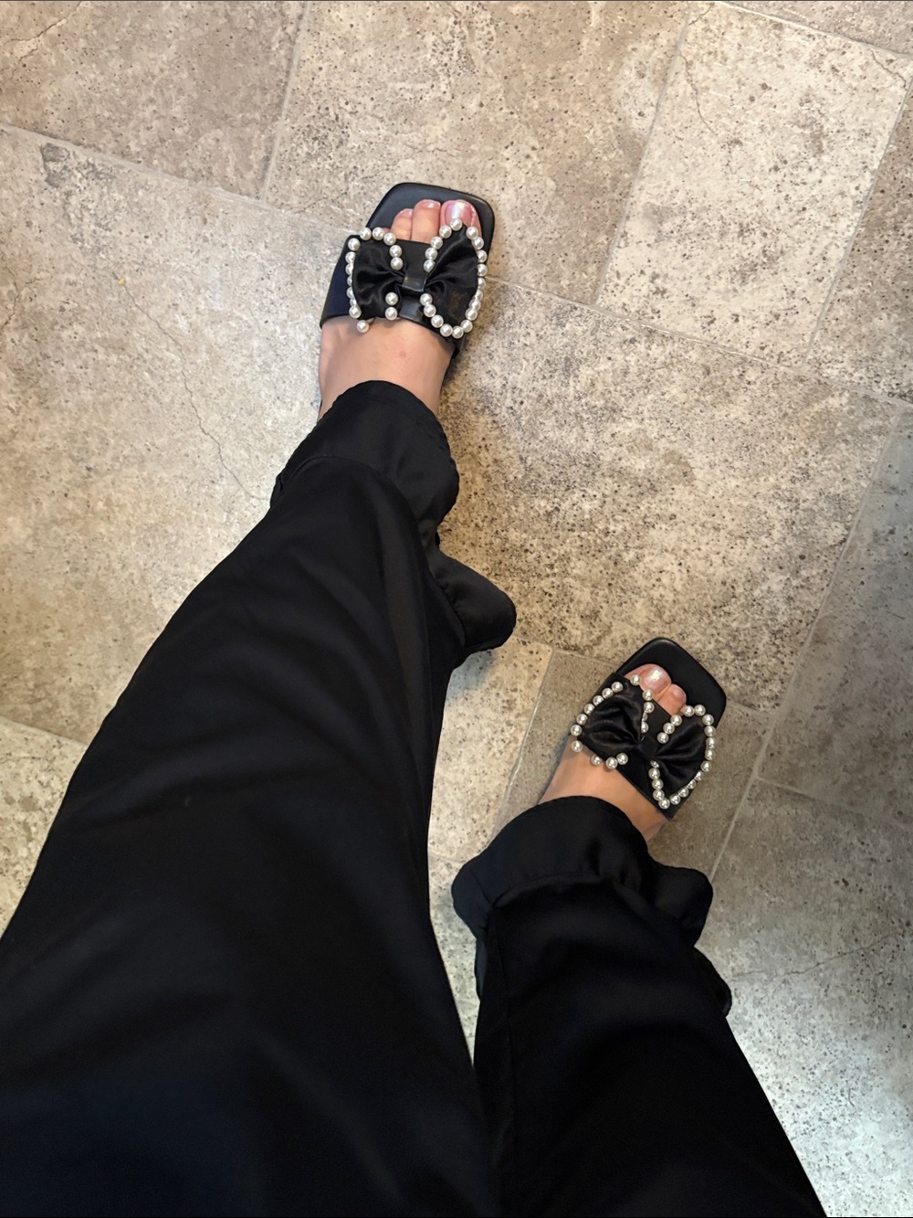 Fashion Nova Black Pearl-Trim Slide Sandals